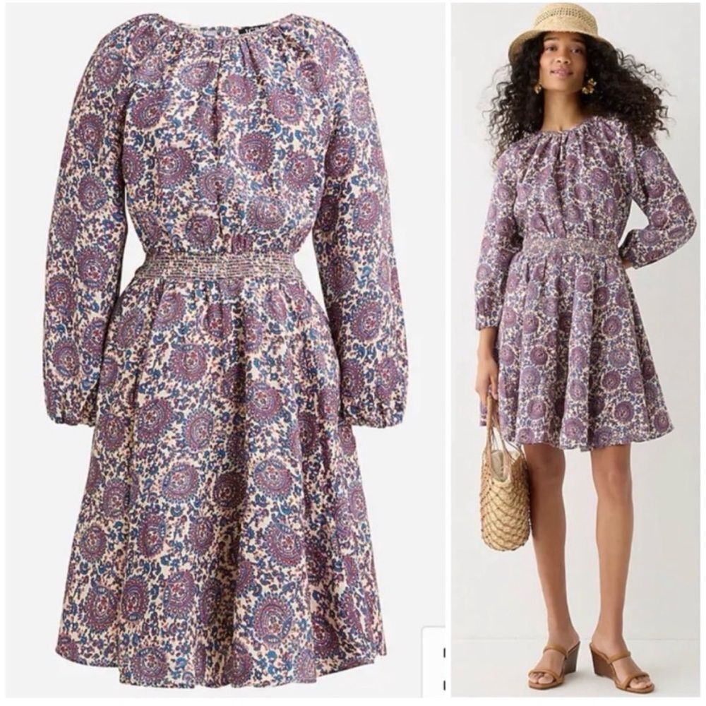 J. Crew Palermo Smocked Waist Mini Dress‎ in Floral Bouquet Linen Medium